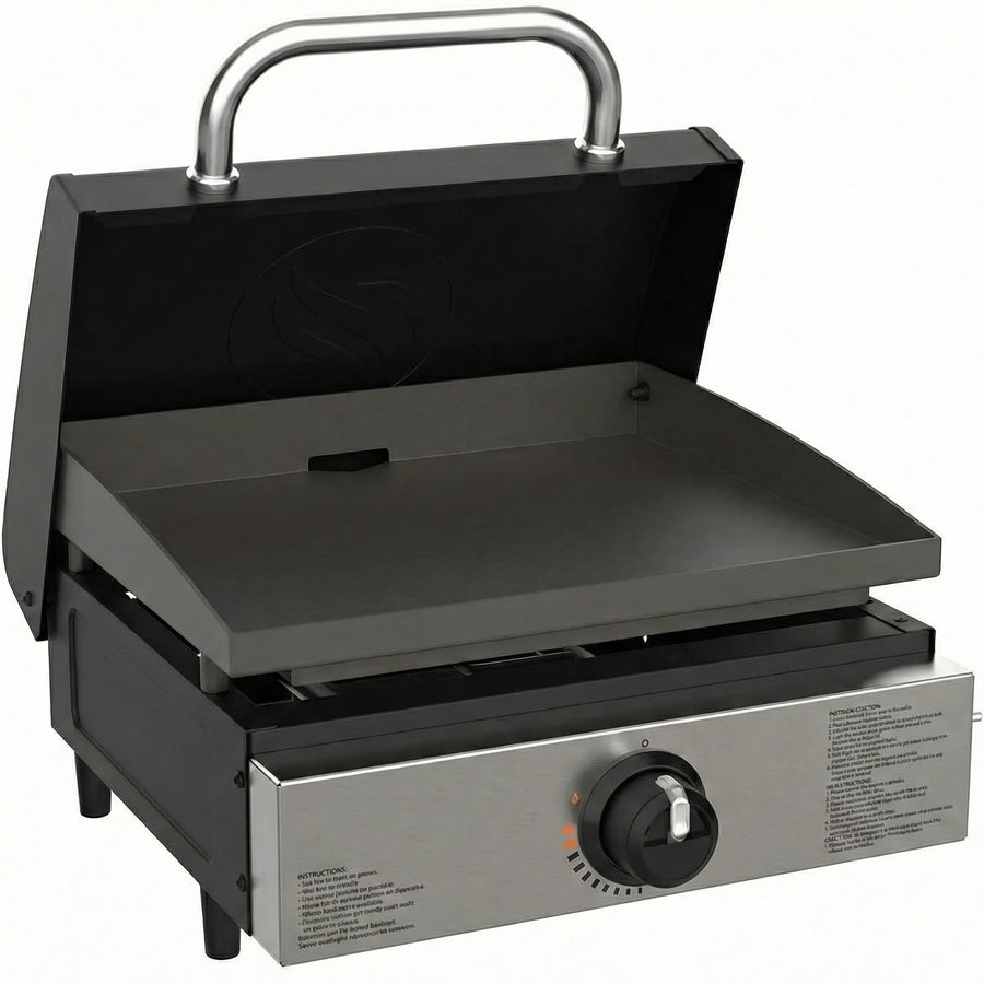17" Tabletop Griddle with Hood | Portable Propane Flat Top Grill | 12,500 BTU, 267 Sq In Cooking Surface, Rear Grease Management & Accessories Included